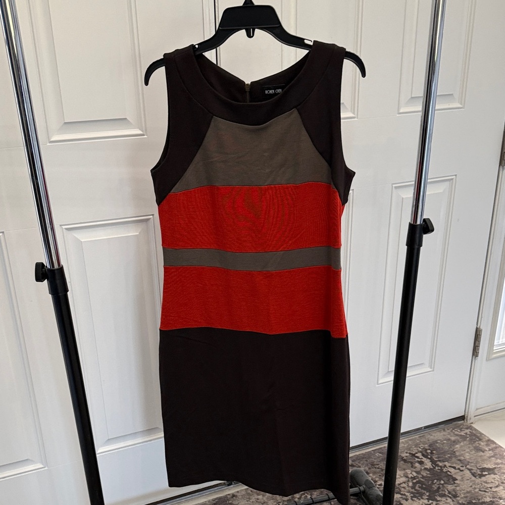 Ronen Chen Sleeveless Colorblock Dress in Orange, Brown & Tan
